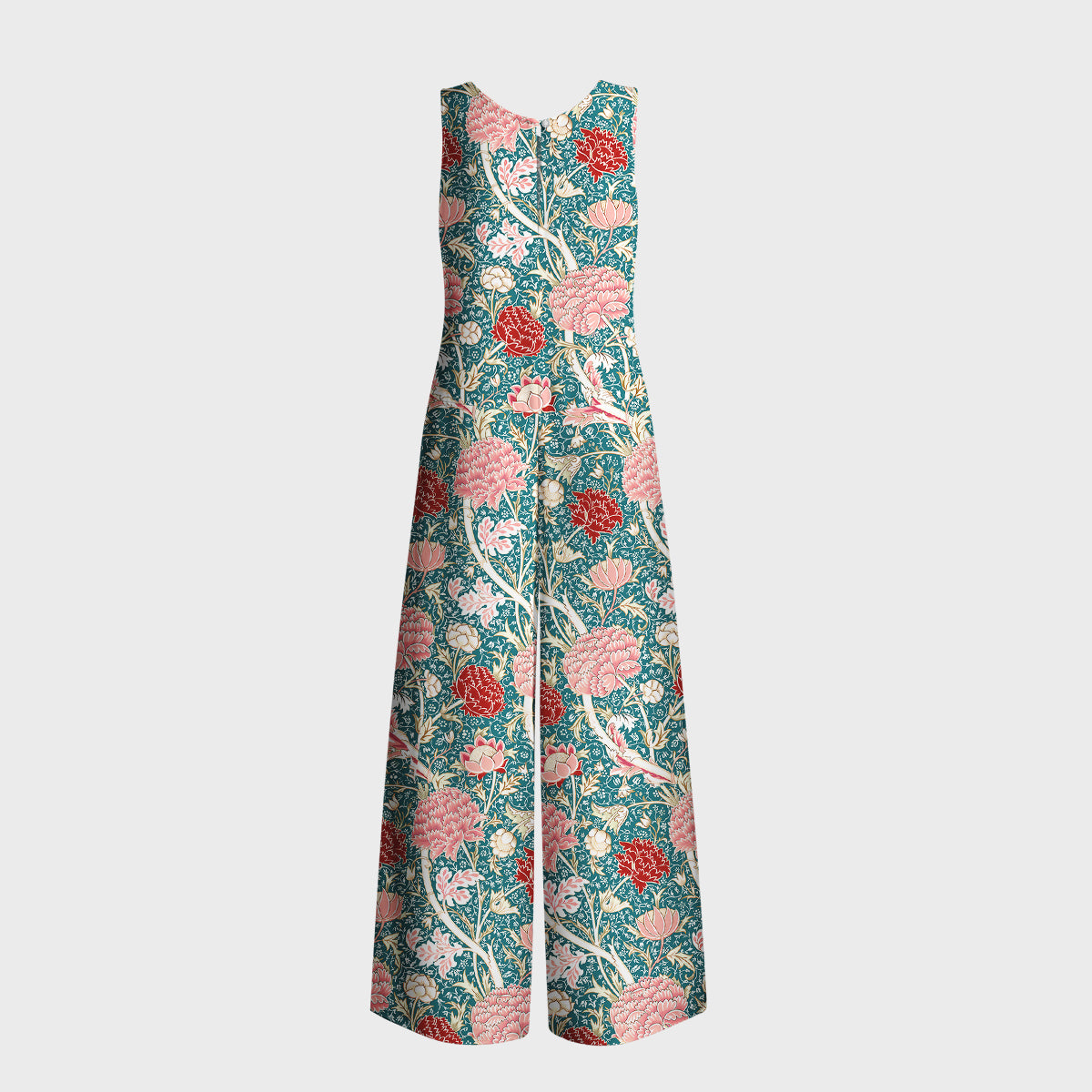 Vintage Peony Lotus Floral Print Boho Jumpsuit with Pockets for Women