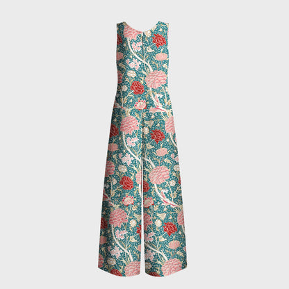 Vintage Peony Lotus Floral Print Boho Jumpsuit with Pockets for Women
