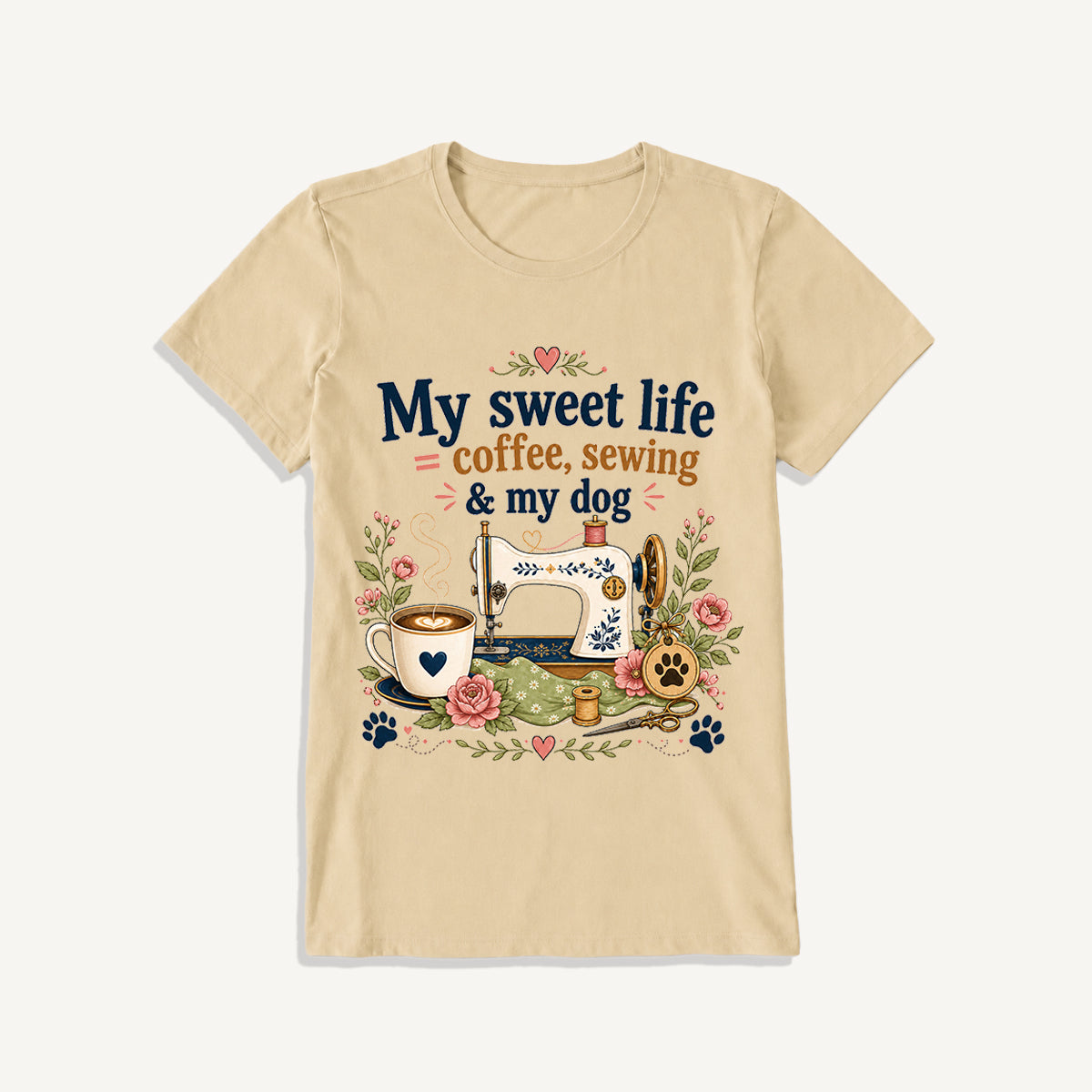 Coffee Sewing and My Dog Print Crew Neck Cotton Tee