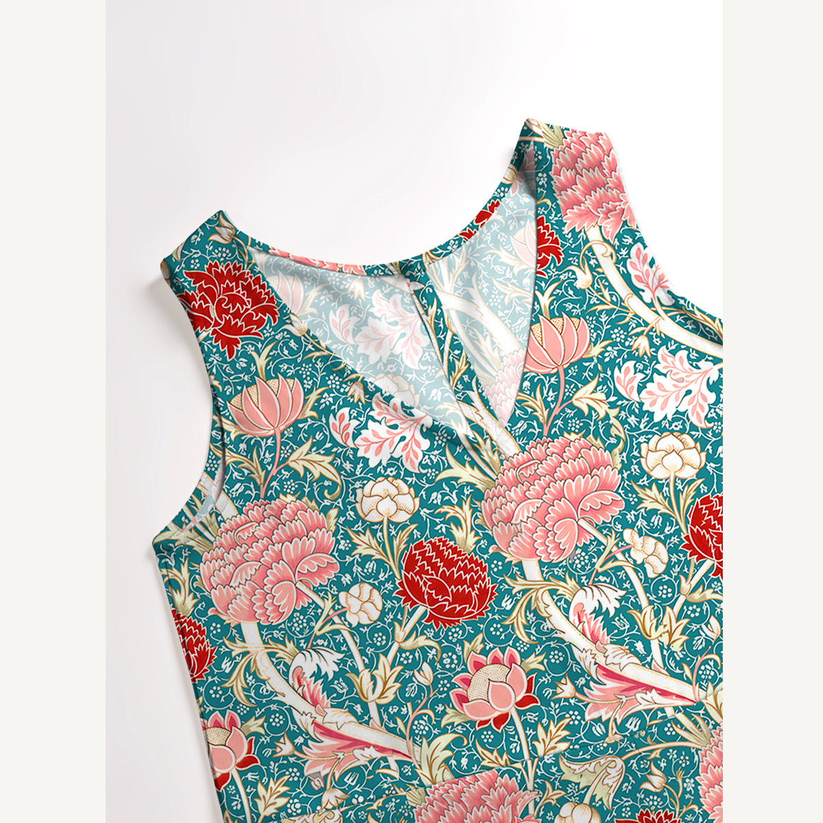Vintage Peony Lotus Floral Print Boho Jumpsuit with Pockets for Women