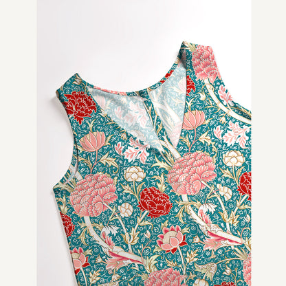 Vintage Peony Lotus Floral Print Boho Jumpsuit with Pockets for Women