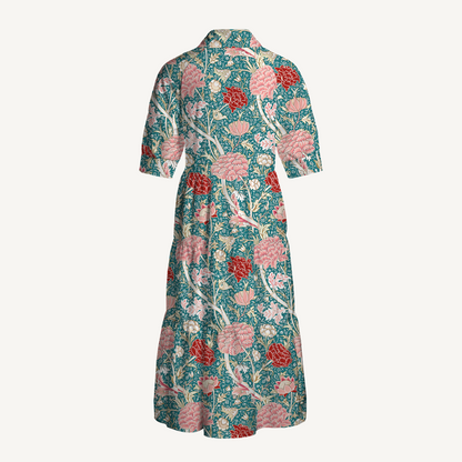 Vintage Peony Lotus Floral Print Midi Dress For Women With Pockets