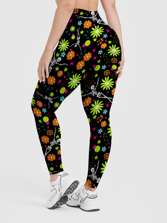 Vintage Dancing Skeleton Neon Retro Flower Halloween Leggings