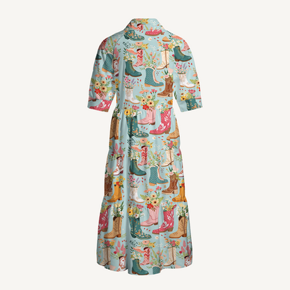 Boots Flower Print Midi Dress For Women With Pockets