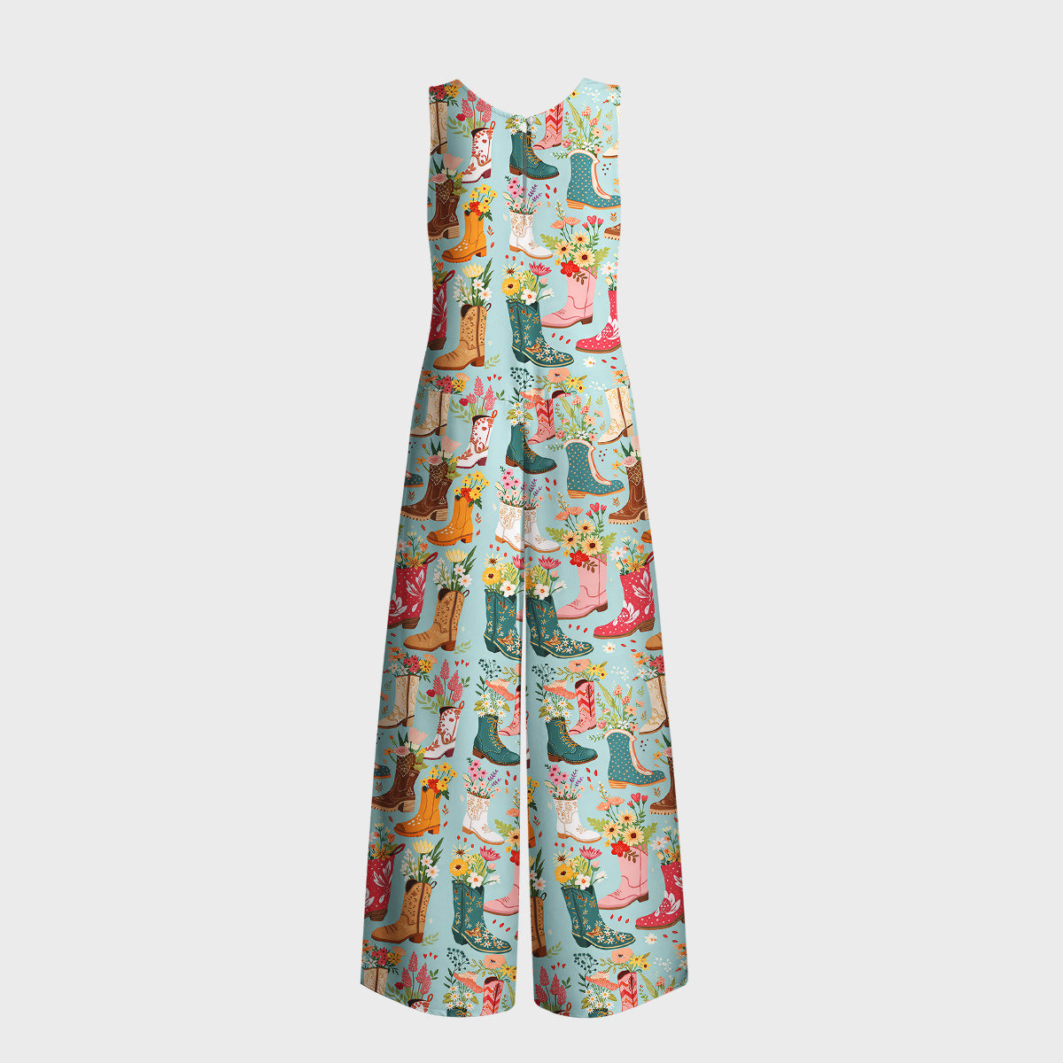 Boots Flower Print Boho Jumpsuit with Pockets for Women