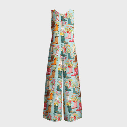 Boots Flower Print Boho Jumpsuit with Pockets for Women