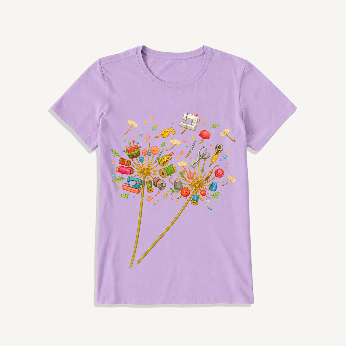 Sewing Tool Dandelion Art Print Crew Neck Cotton Tee