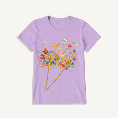 Sewing Tool Dandelion Art Print Crew Neck Cotton Tee