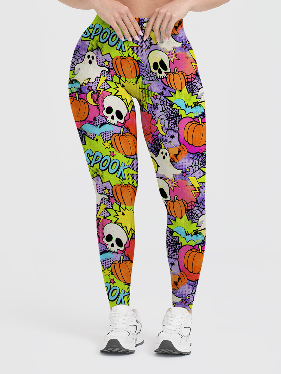 Vintage Pop Comic Halloween Ghost Pumpkin SPOOK Word Leggings