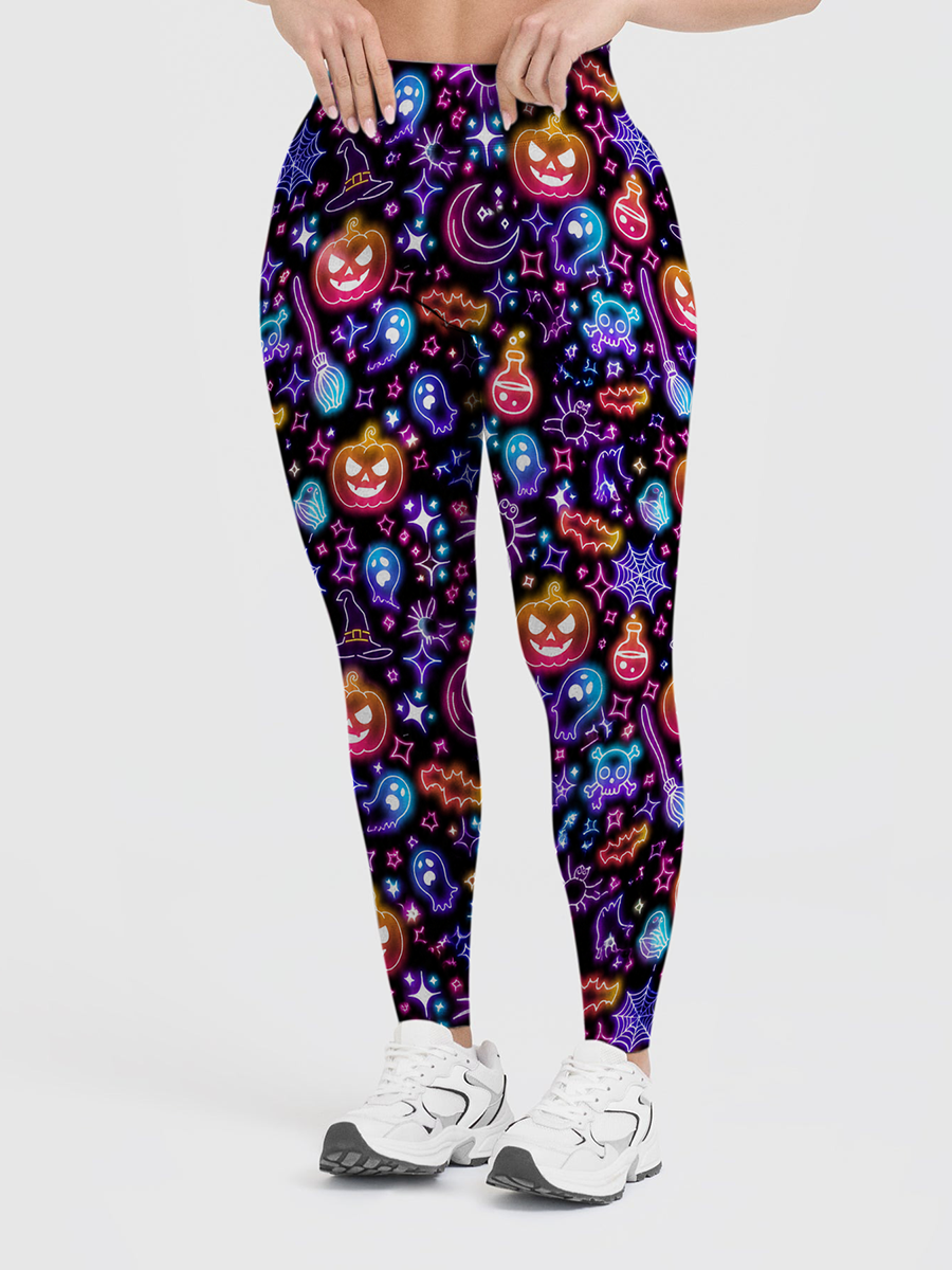Vintage Neon Line Art Halloween Pumpkin Witch Ghost Black Halloween Leggings