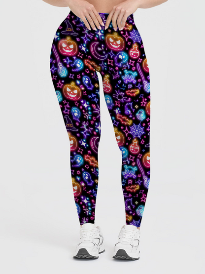 Vintage Neon Line Art Halloween Pumpkin Witch Ghost Black Halloween Leggings