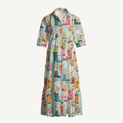 Boots Flower Print Midi Dress For Women With Pockets