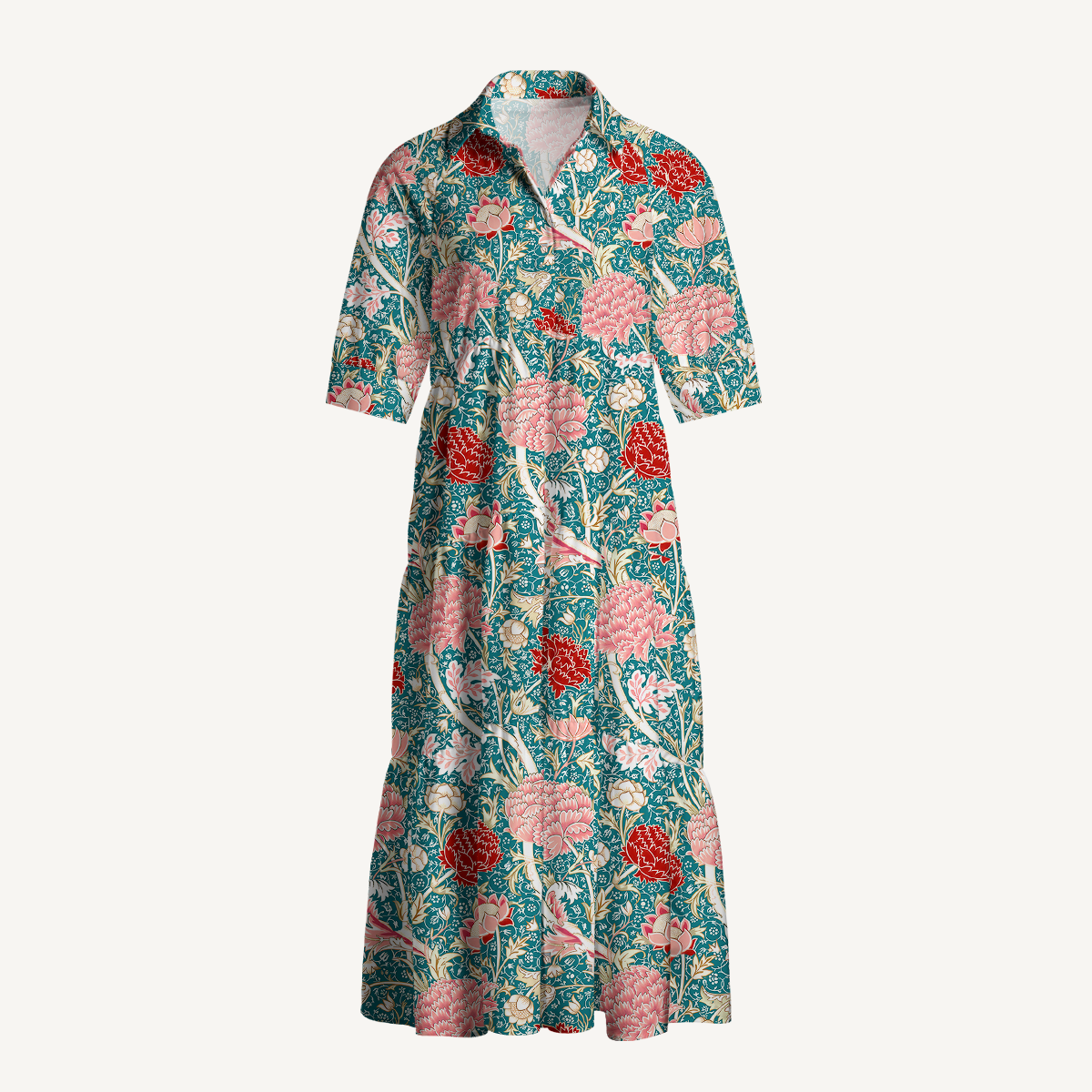 Vintage Peony Lotus Floral Print Midi Dress For Women With Pockets