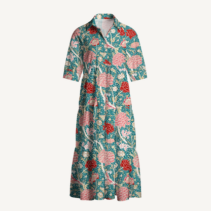 Vintage Peony Lotus Floral Print Midi Dress For Women With Pockets