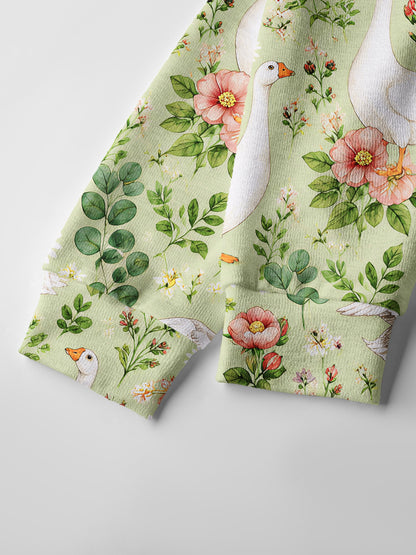 Lightweight Crew Neck Long‑Sleeve Cropped Pastoral Goose Garden Print Fine‑Knit Cardigan