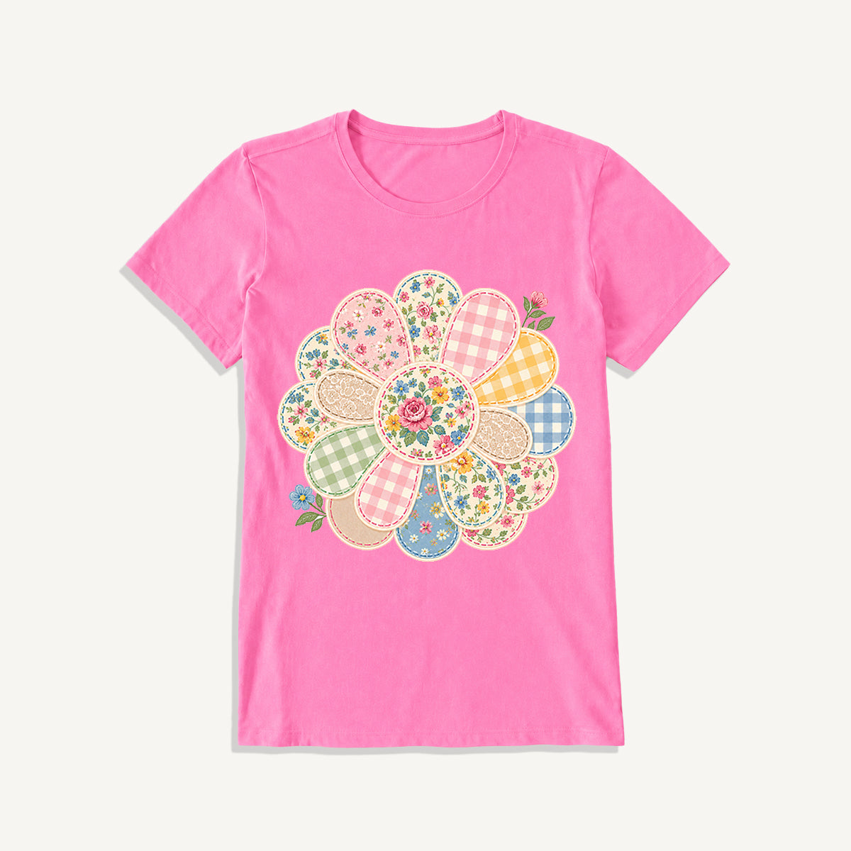 Cottage Patchwork Bloom Print Crew Neck Cotton Tee