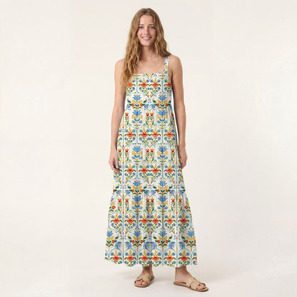 Square Neck Folk Bloom Print Wide Straps Maxi Dress With Pockets