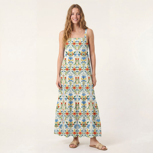 Square Neck Folk Bloom Print Wide Straps Maxi Dress With Pockets