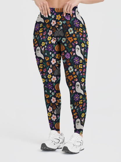 Vintage Dark Floral Ghost Bat Autumn Vintage Flower Halloween Leggings