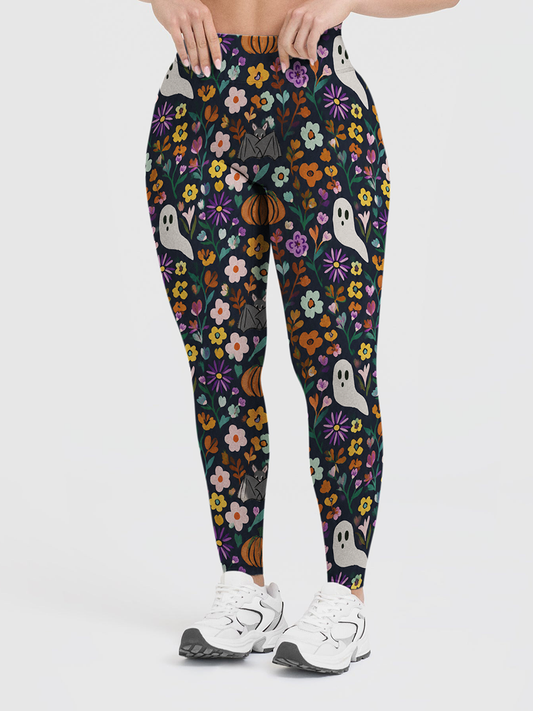 Vintage Dark Floral Ghost Bat Autumn Vintage Flower Halloween Leggings