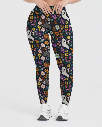 Vintage Dark Floral Ghost Bat Autumn Vintage Flower Halloween Leggings