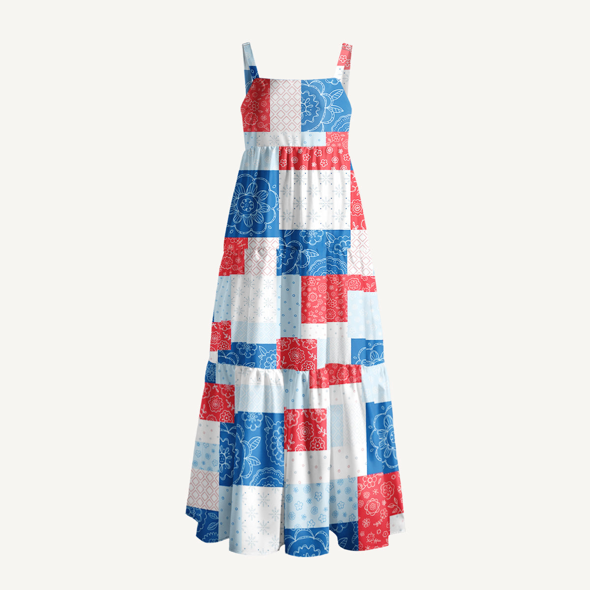 Patriotic Patchwork Print Wide Straps Maxi Dress With Pockets