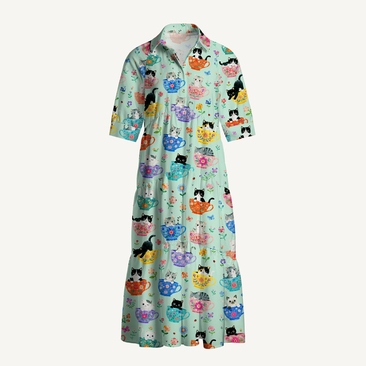 V Neck Collared Cute Teacup Kitten Print Casual Midi Dress With Pockets