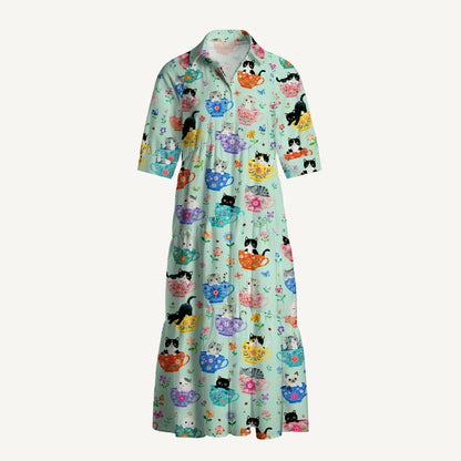 V Neck Collared Cute Teacup Kitten Print Casual Midi Dress With Pockets
