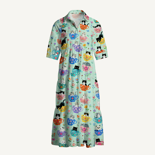 V Neck Collared Cute Teacup Kitten Print Casual Midi Dress With Pockets