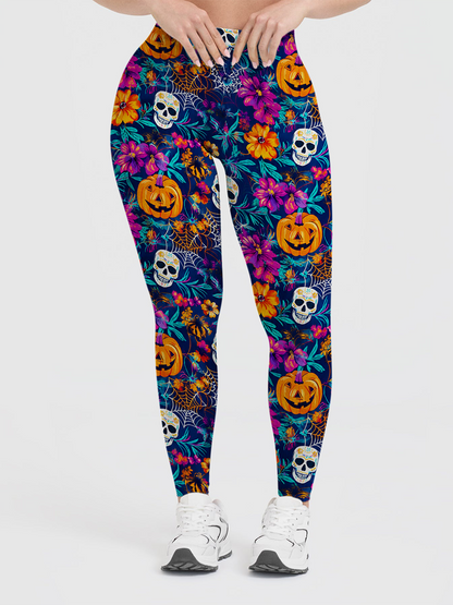 Vintage Halloween Pumpkin Witch Ghost Leggings