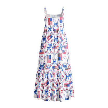 Patriotic Floral Print Wide Straps Maxi Dress With Pockets