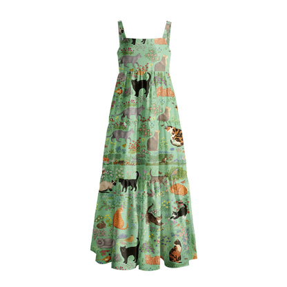 Botanical Cat Garden Print Wide Straps Maxi Dress With Pockets