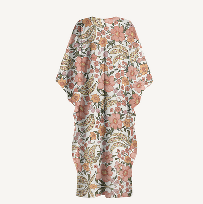 V‑Neck Amber Bloom Kimono Sleeve Kaftan Dress