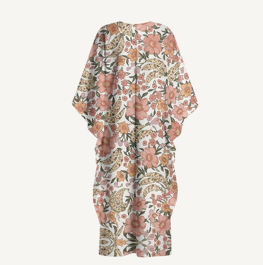 V‑Neck Amber Bloom Kimono Sleeve Kaftan Dress