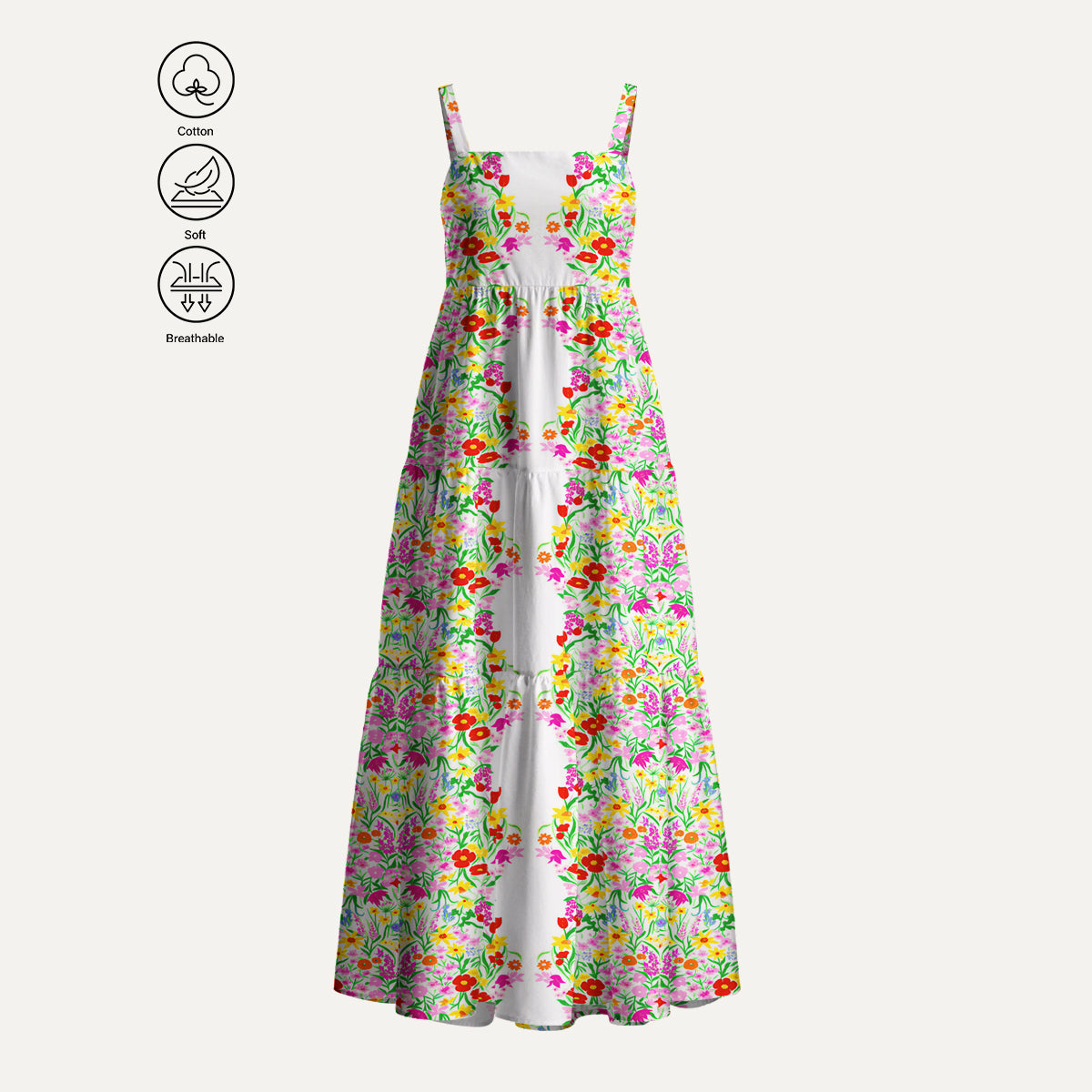 Elegant Garden Print Cotton Wide Straps Maxi Dress With Pockets