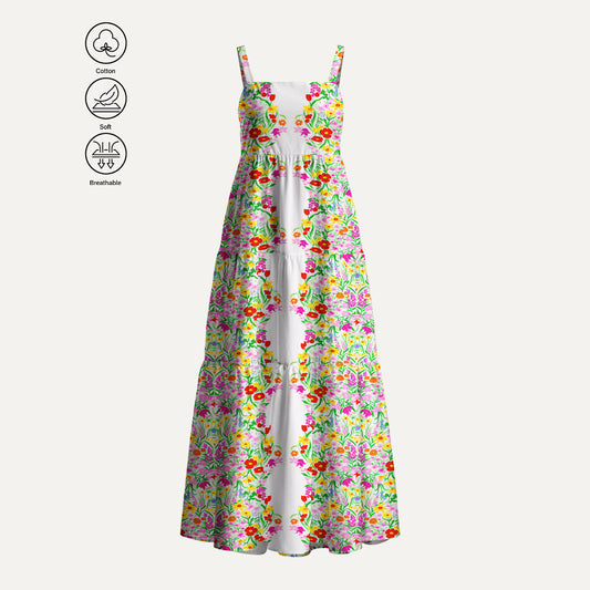 Elegant Garden Print Cotton Wide Straps Maxi Dress With Pockets