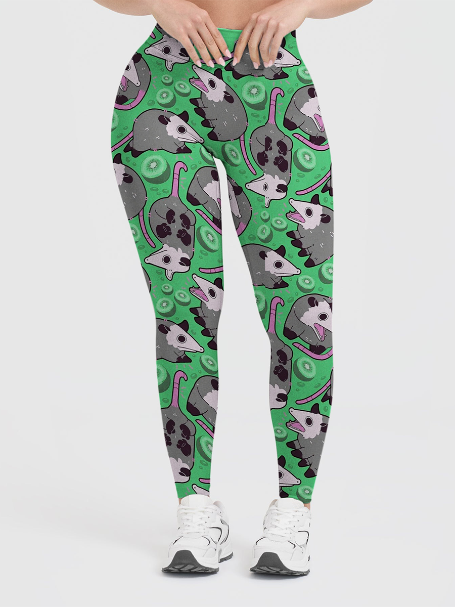 Vintage Cute Opossum Kiwi Fruit Leggings
