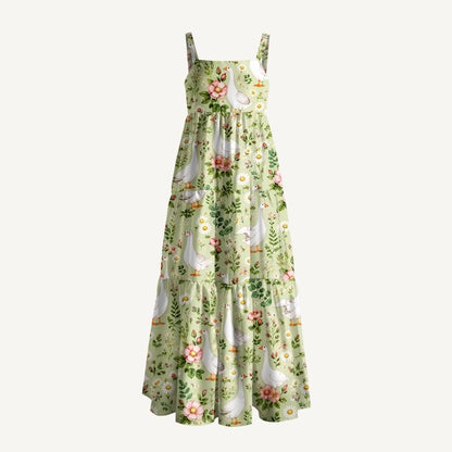Pastoral Goose Garden Print Wide Straps Maxi Dress With Pockets