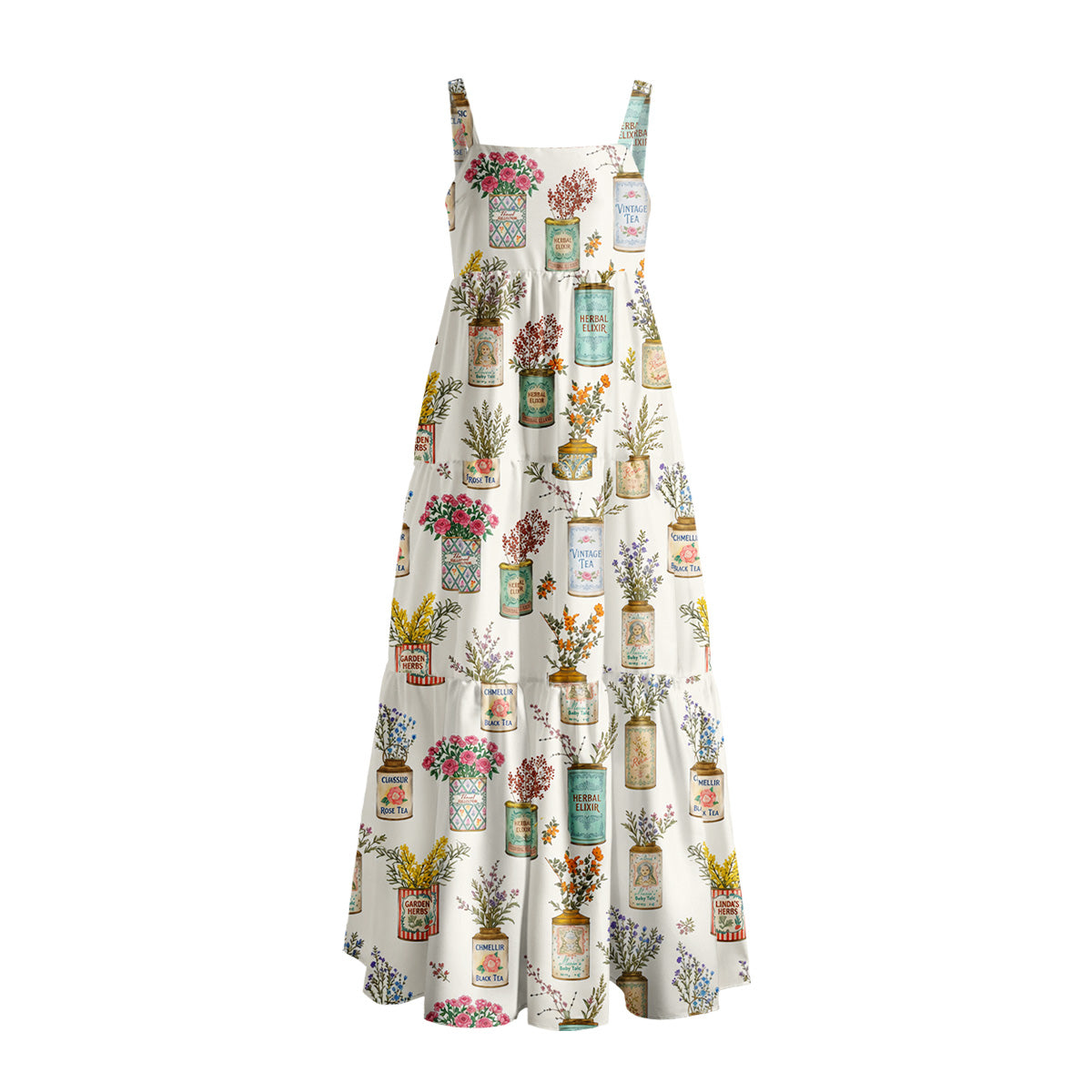 Vintage Tea Cans Print Wide Straps Maxi Dress With Pockets