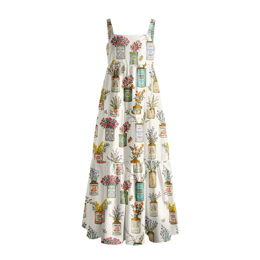 Vintage Tea Cans Print Wide Straps Maxi Dress With Pockets