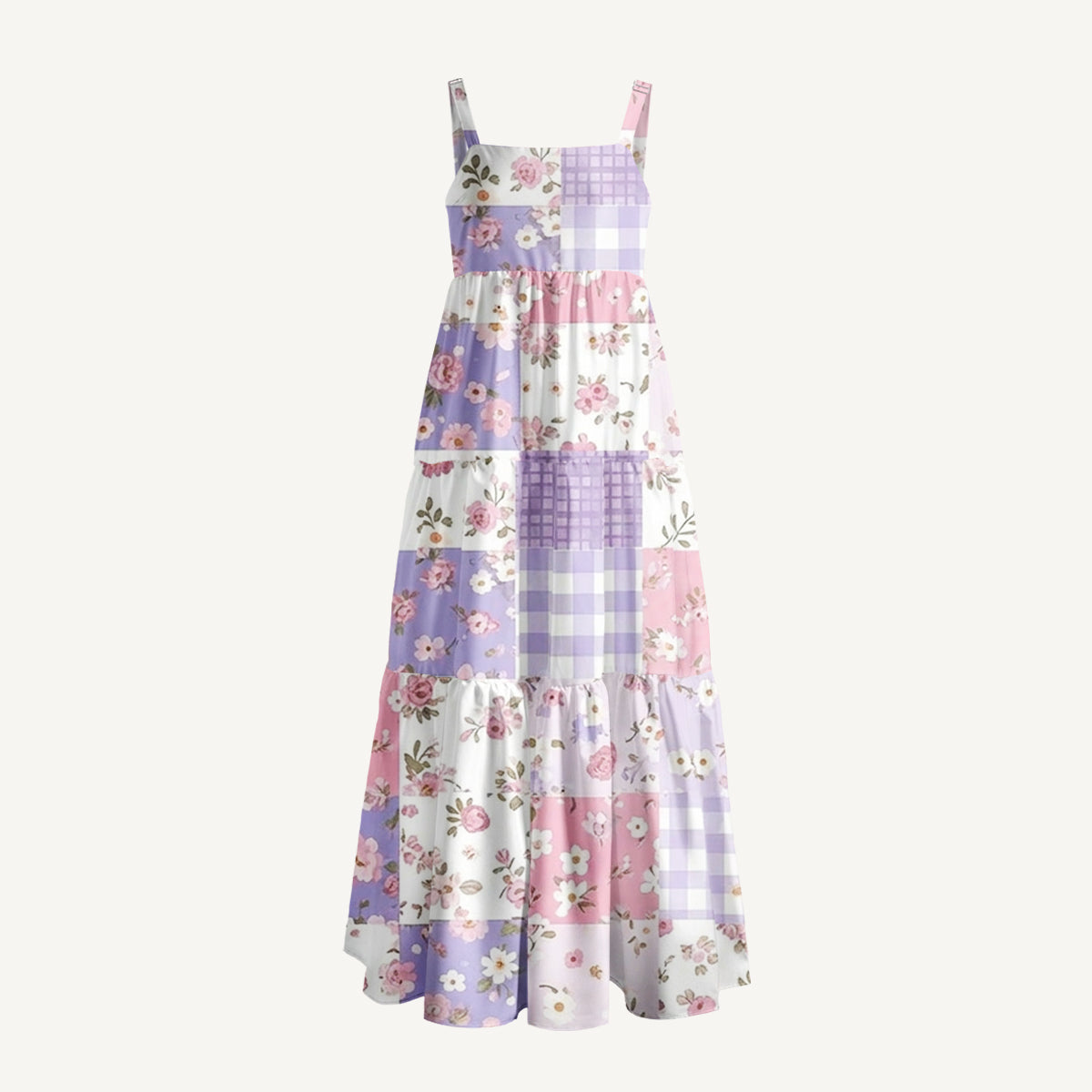 Sweet Cottage Patchwork Print Wide Straps Maxi Dress With Pockets