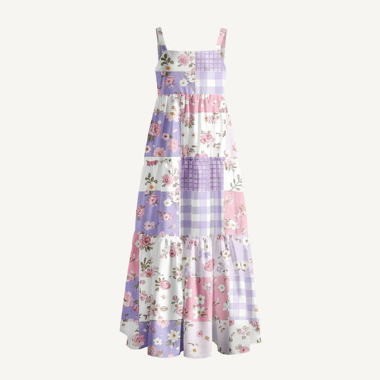 Sweet Cottage Patchwork Print Wide Straps Maxi Dress With Pockets
