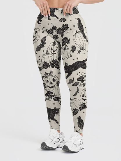 Vintage Black Cat Crow Pumpkin Leggings