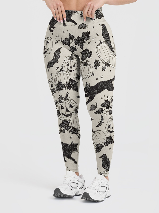 Vintage Black Cat Crow Pumpkin Leggings