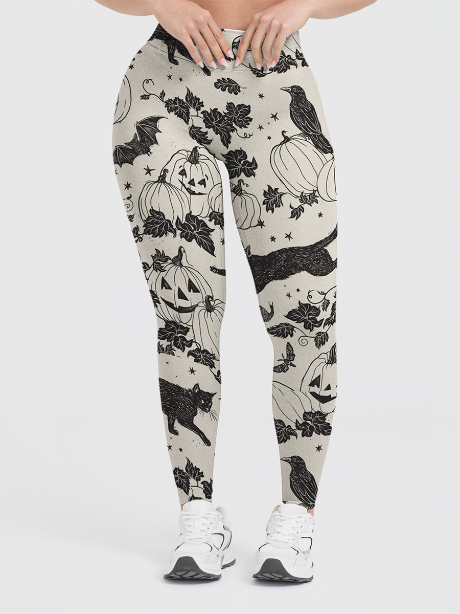Vintage Black Cat Crow Pumpkin Leggings