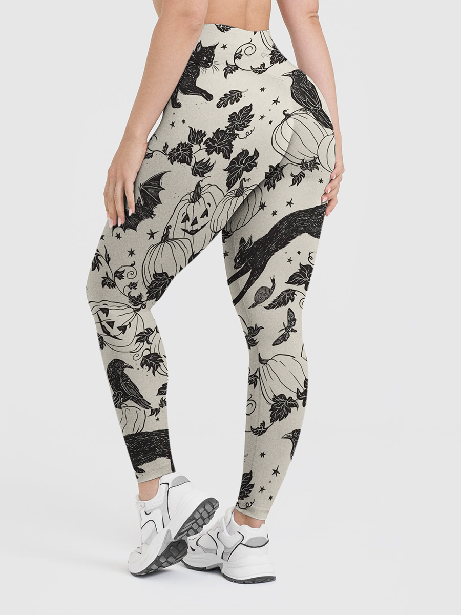 Vintage Black Cat Crow Pumpkin Leggings