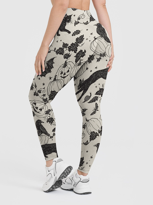 Vintage Black Cat Crow Pumpkin Leggings
