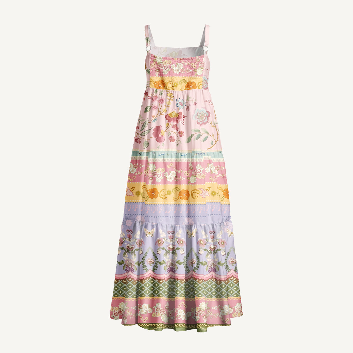 Romantic Floral Ribbon Stripes Print Wide Straps Maxi Dress With Pockets
