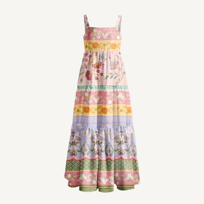 Romantic Floral Ribbon Stripes Print Wide Straps Maxi Dress With Pockets