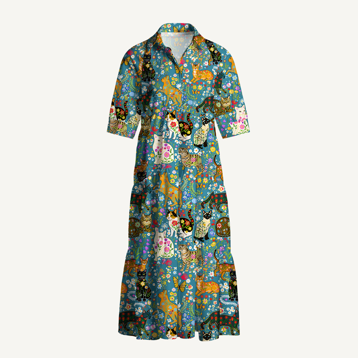 V Neck Collared Colorful Garden Cat Midi Dress For Women With Pockets